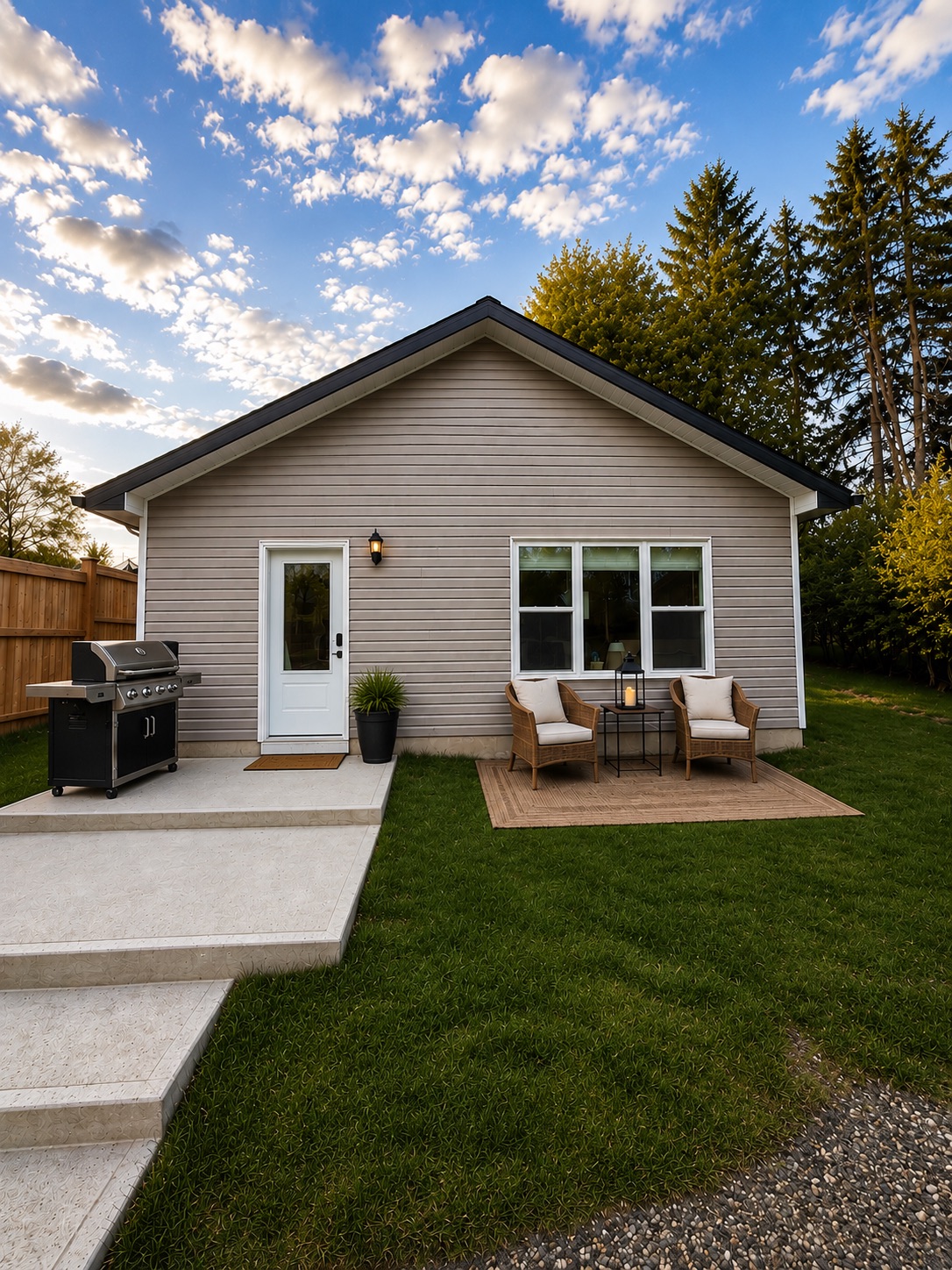 Detached coach home built by Visture Property Group in a Peterborough backyard, with a patio and seating