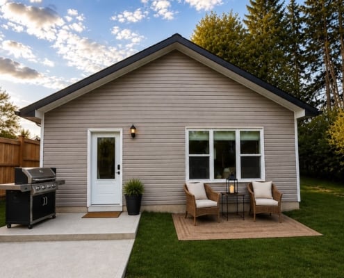 Real detached two-bedroom coach home (ADU) built by Visture Property Group in a Peterborough backyard, shown at dusk with patio seating