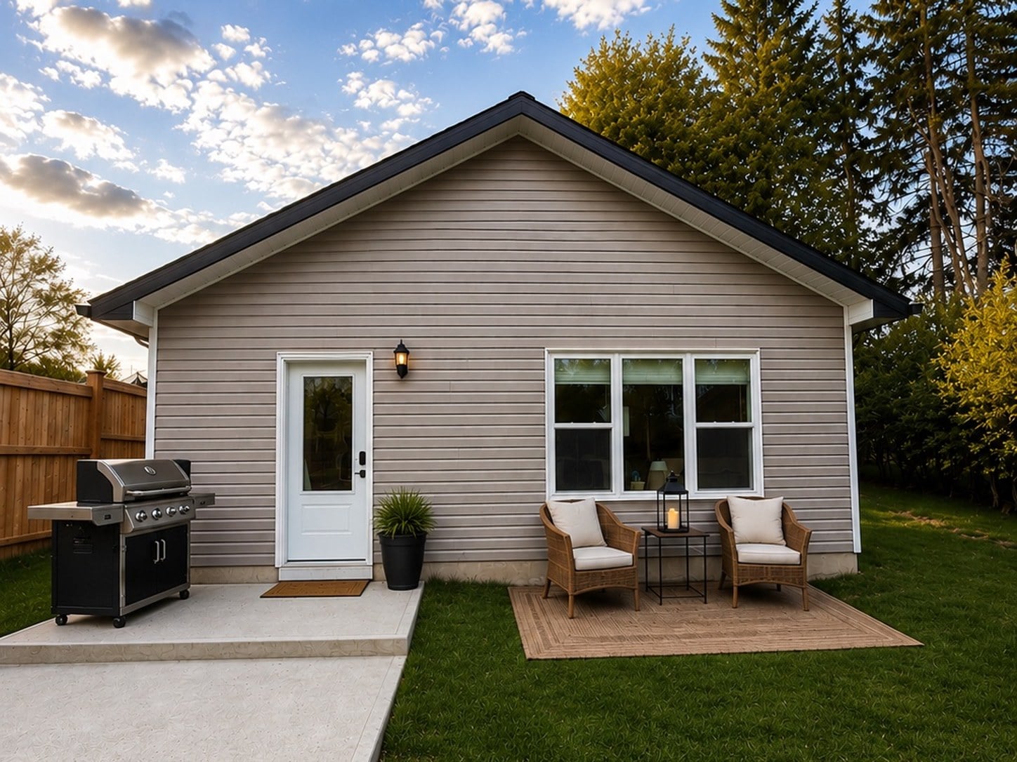 Real detached two-bedroom coach home (ADU) built by Visture Property Group in a Peterborough backyard, shown at dusk with patio seating